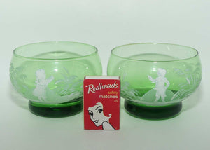 Mary Gregory on Green Glass pair of finger bowls | Boy and Girl matched pair