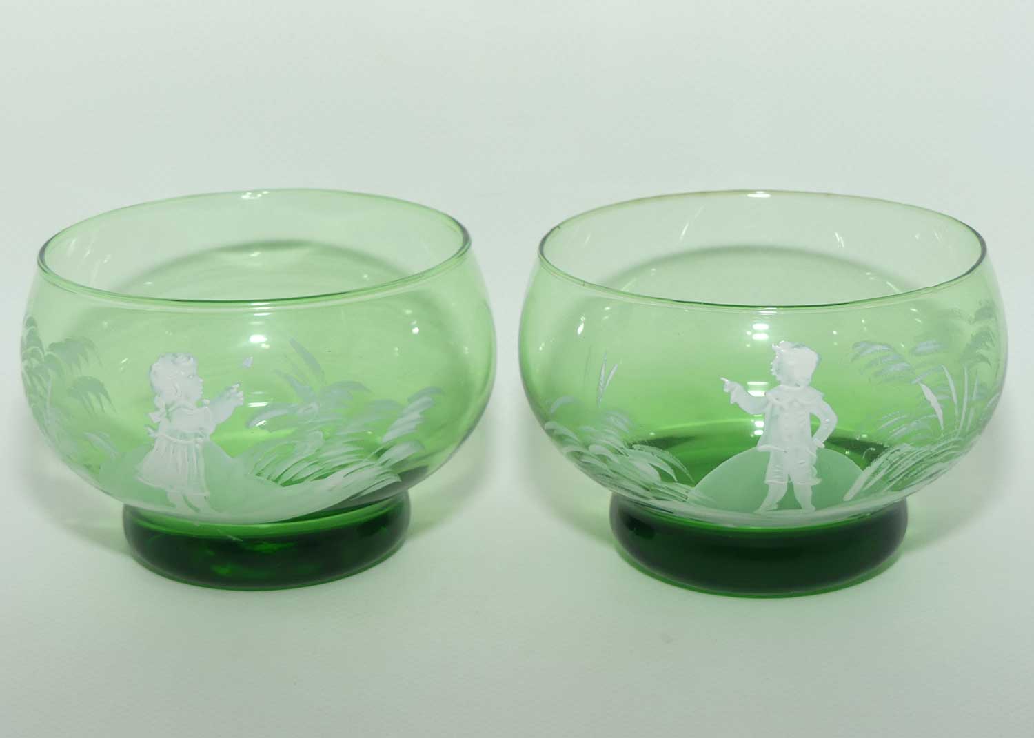 Mary Gregory on Green Glass pair of finger bowls | Boy and Girl matched pair