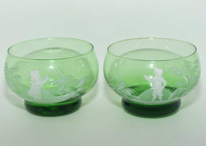 Mary Gregory on Green Glass pair of finger bowls | Boy and Girl matched pair