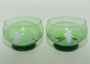 Mary Gregory on Green Glass pair of finger bowls | Boy and Girl matched pair