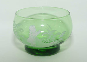 Mary Gregory on Green Glass pair of finger bowls | Boy and Girl matched pair