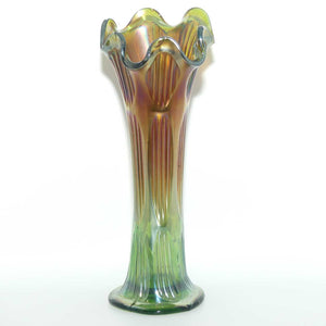 Fenton Diamond and Rib Marigold on Green Carnival Glass vase | 26cm