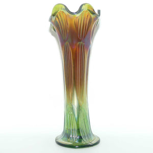 Fenton Diamond and Rib Marigold on Green Carnival Glass vase | 26cm