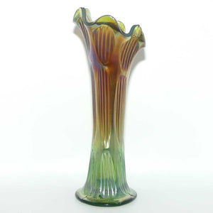 Fenton Diamond and Rib Marigold on Green Carnival Glass vase | 26cm