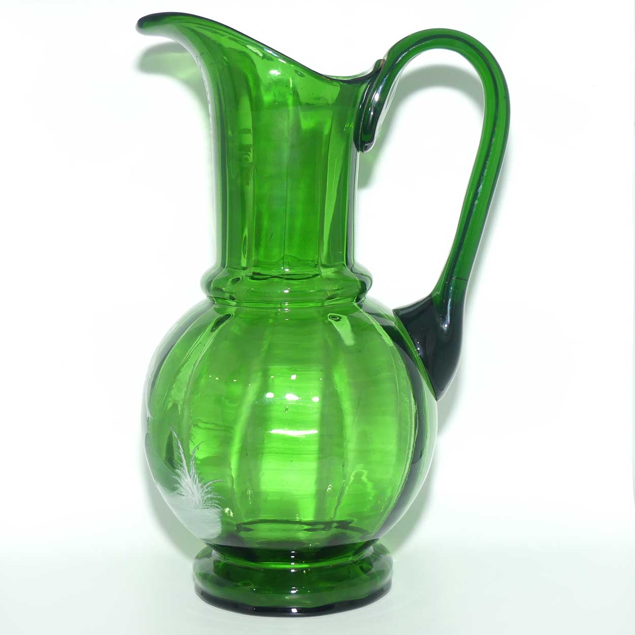 Green Mary Gregory tall bulbous jug depicting a young woman with fan