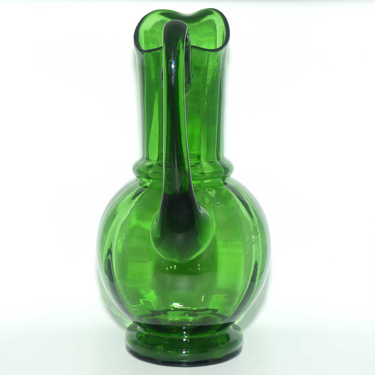 Green Mary Gregory tall bulbous jug depicting a young woman with fan