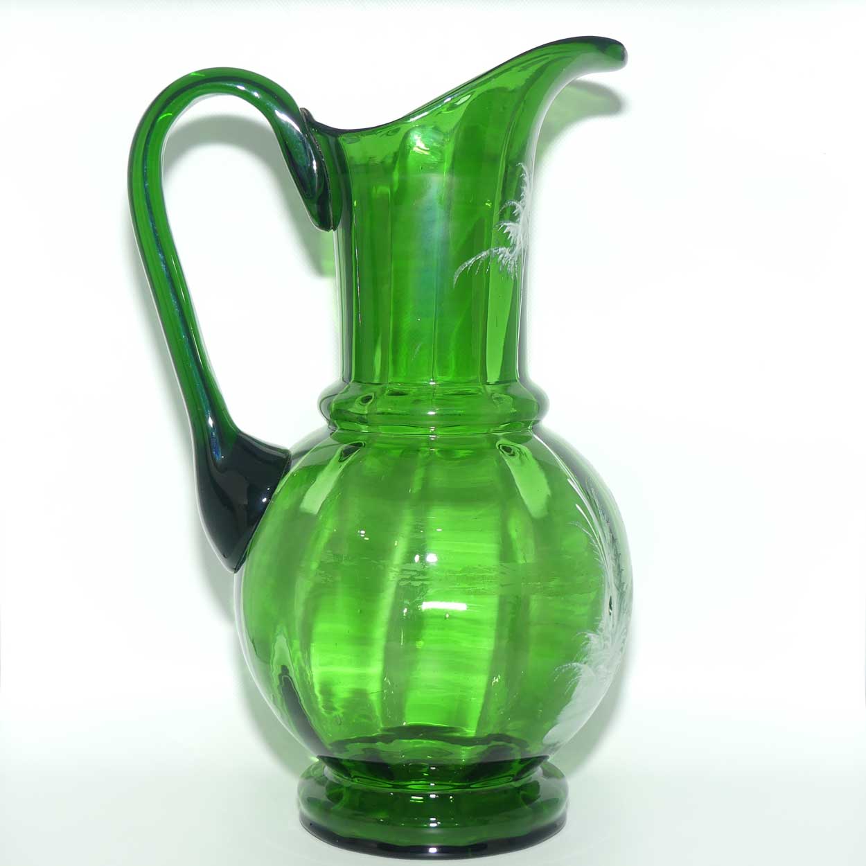 Green Mary Gregory tall bulbous jug depicting a young woman with fan