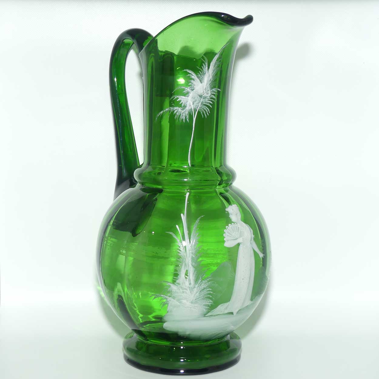 Green Mary Gregory tall bulbous jug depicting a young woman with fan