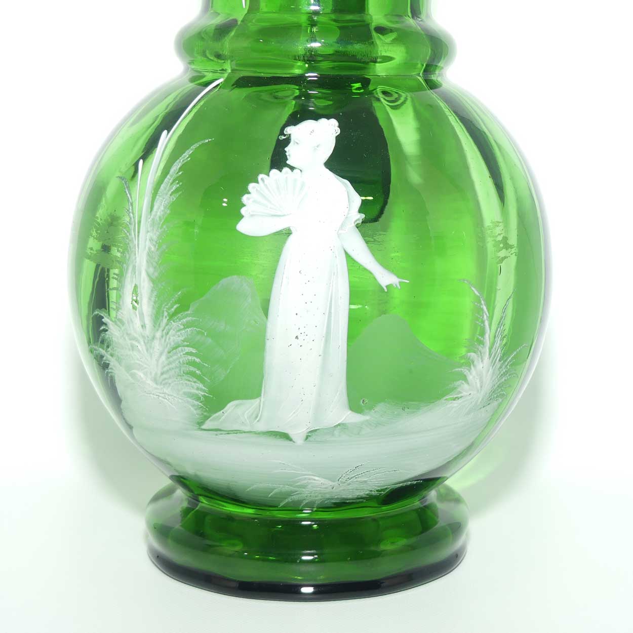 Green Mary Gregory tall bulbous jug depicting a young woman with fan