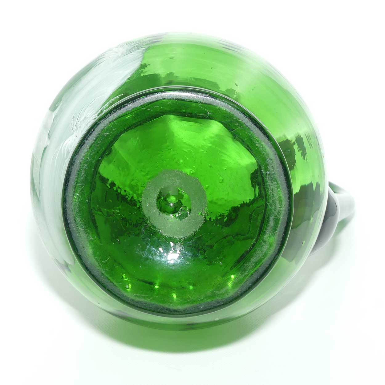 Green Mary Gregory tall bulbous jug depicting a young woman with fan