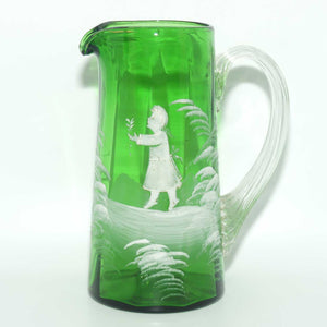 Mary Gregory Glass jug | Emerald Green with Clear Reeded Handle | Girl motif