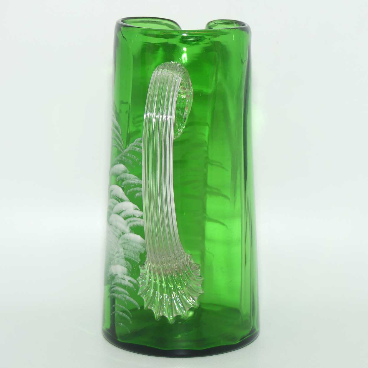 Mary Gregory Glass jug | Emerald Green with Clear Reeded Handle | Girl motif