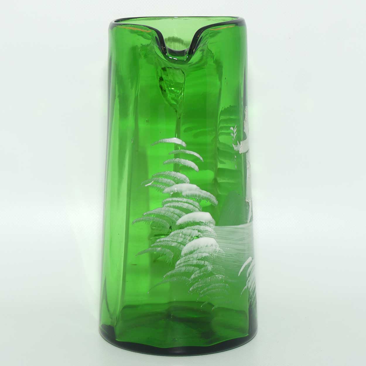 Mary Gregory Glass jug | Emerald Green with Clear Reeded Handle | Girl motif