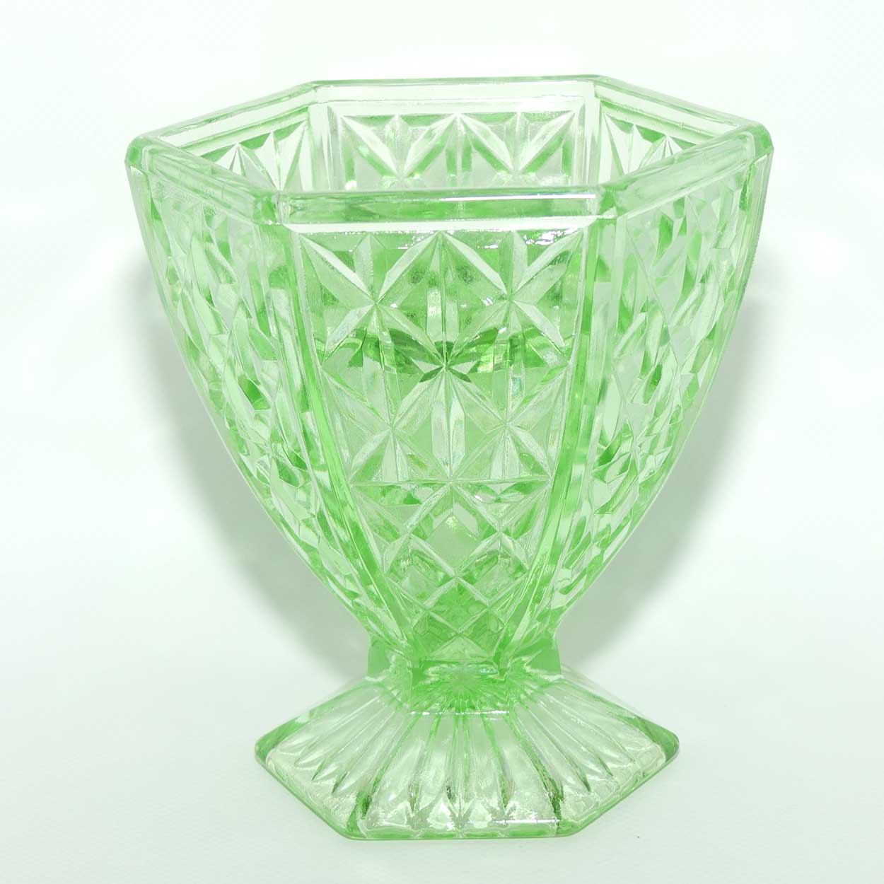 Depression Glass | Green Glass hexagonal vase with circular insert