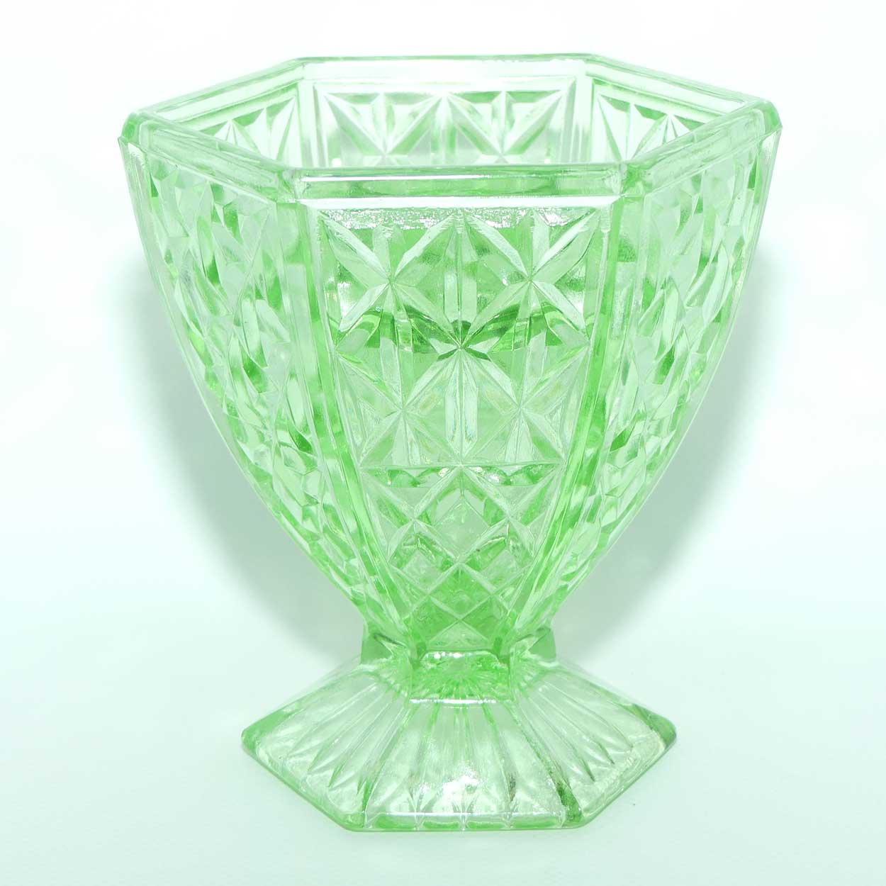 Depression Glass | Green Glass hexagonal vase with circular insert