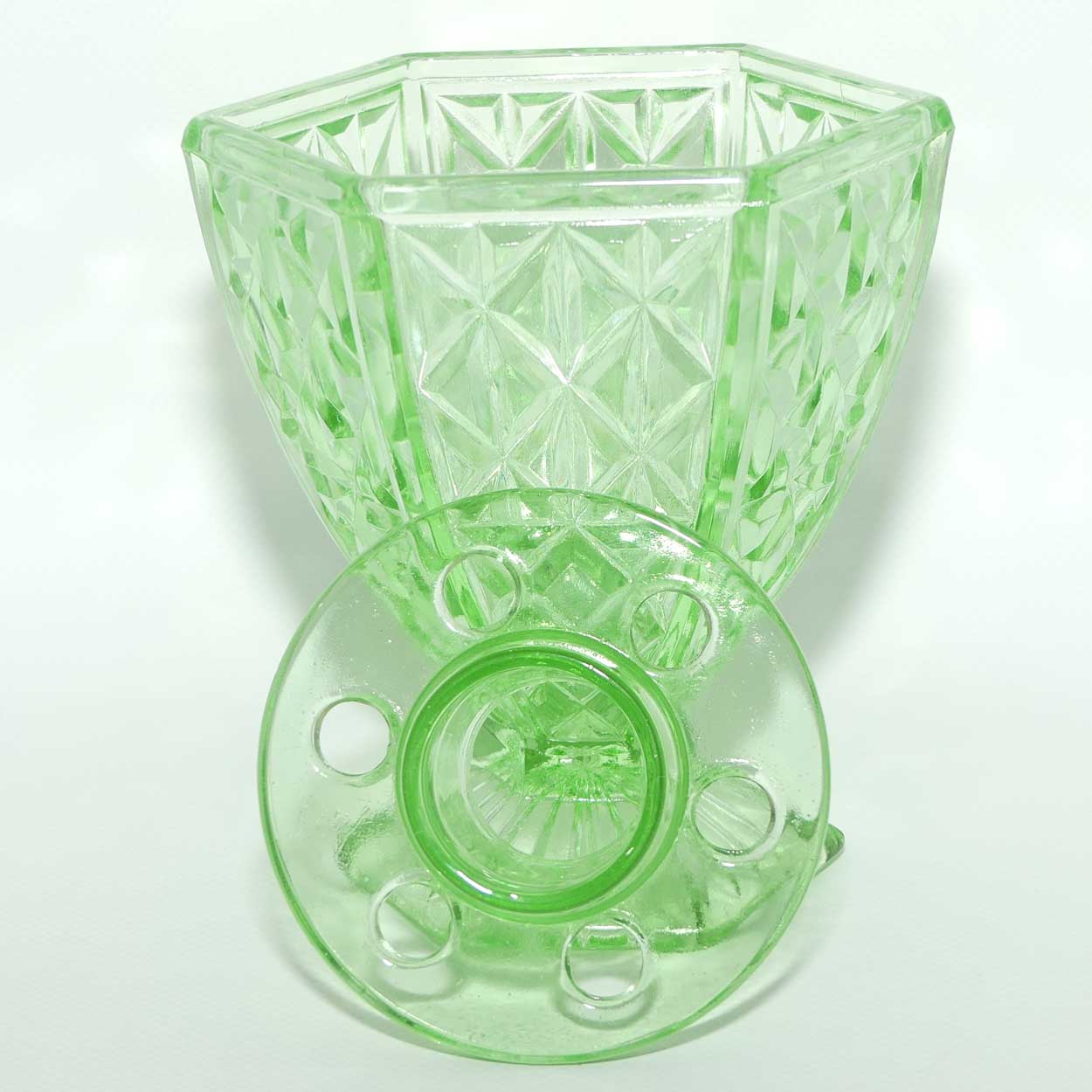 Depression Glass | Green Glass hexagonal vase with circular insert