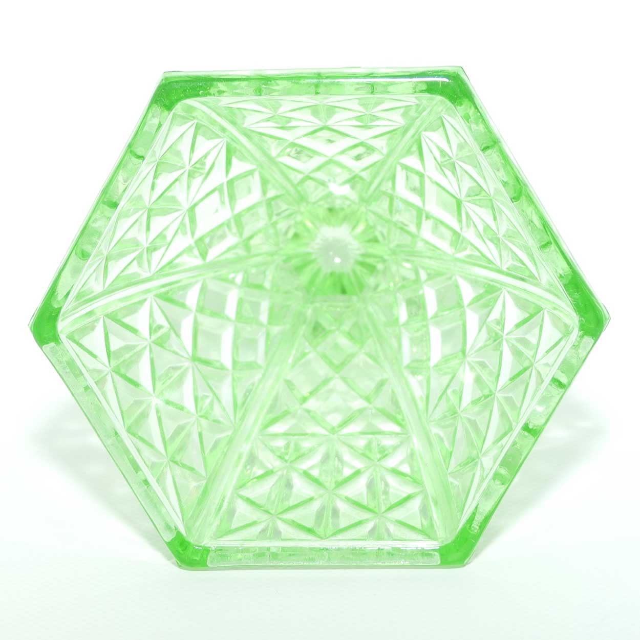 Depression Glass | Green Glass hexagonal vase with circular insert
