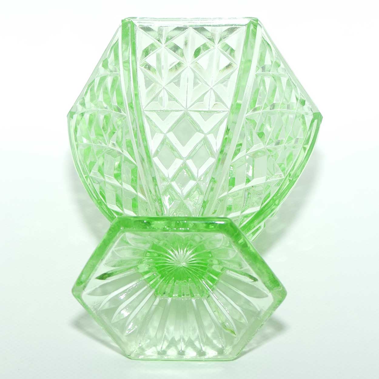 Depression Glass | Green Glass hexagonal vase with circular insert