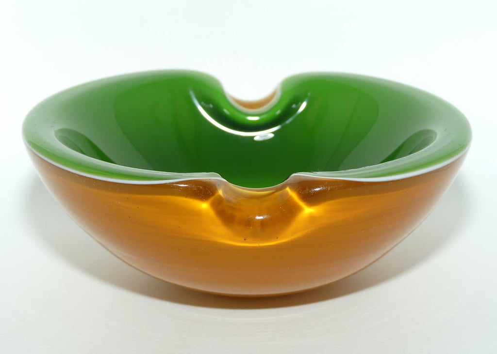 Murano Glass Opaque Cased Biomorphic Bowl  | attrib Barbini | Amber Green and White