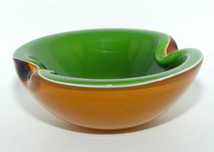 Murano Glass Opaque Cased Biomorphic Bowl  | attrib Barbini | Amber Green and White