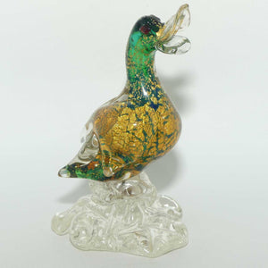 Murano Glass Green and Heavy Gold fleck Duck on clear base