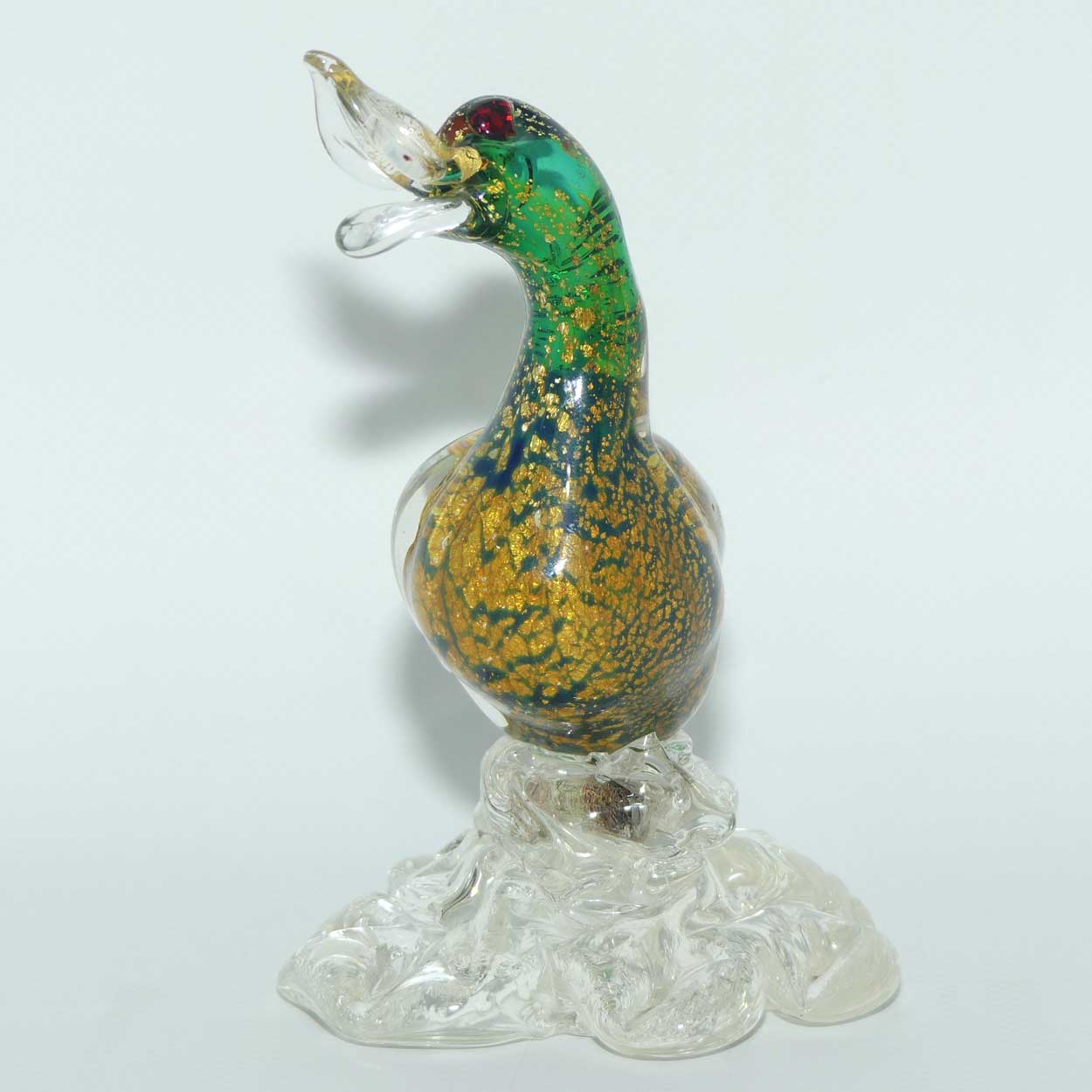 Murano Glass Green and Heavy Gold fleck Duck on clear base