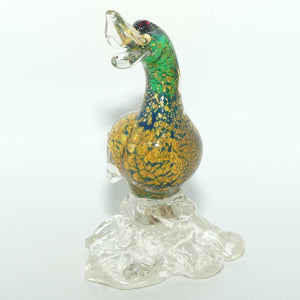 Murano Glass Green and Heavy Gold fleck Duck on clear base