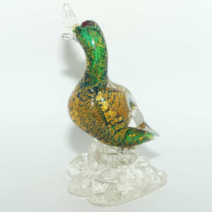 Murano Glass Green and Heavy Gold fleck Duck on clear base