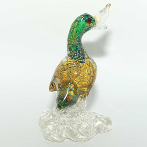 Murano Glass Green and Heavy Gold fleck Duck on clear base