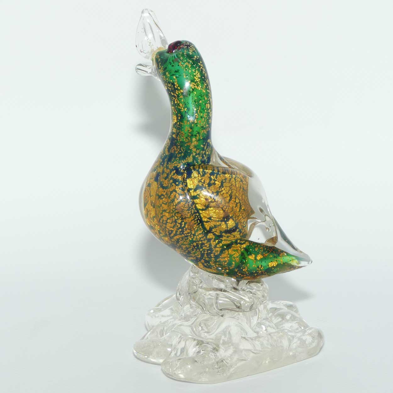 Murano Glass Green and Heavy Gold fleck Duck on clear base