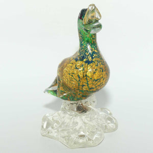 Murano Glass Green and Heavy Gold fleck Duck on clear base