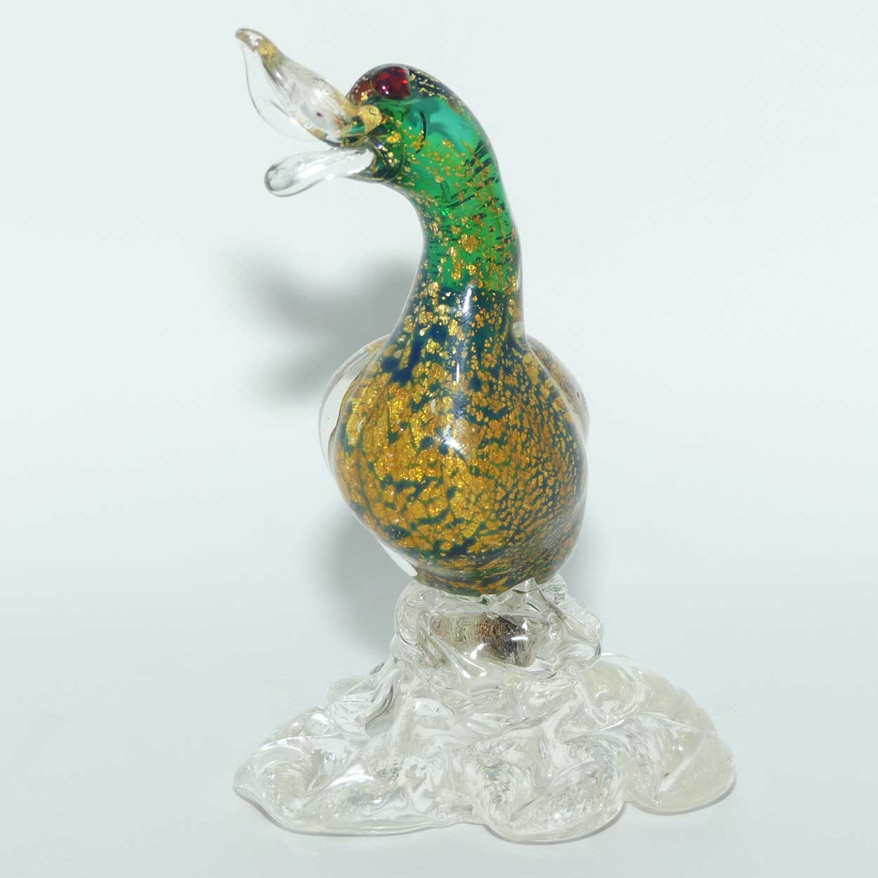 Murano Glass Green and Heavy Gold fleck Duck on clear base