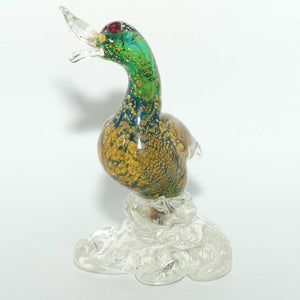 Murano Glass Green and Heavy Gold fleck Duck on clear base