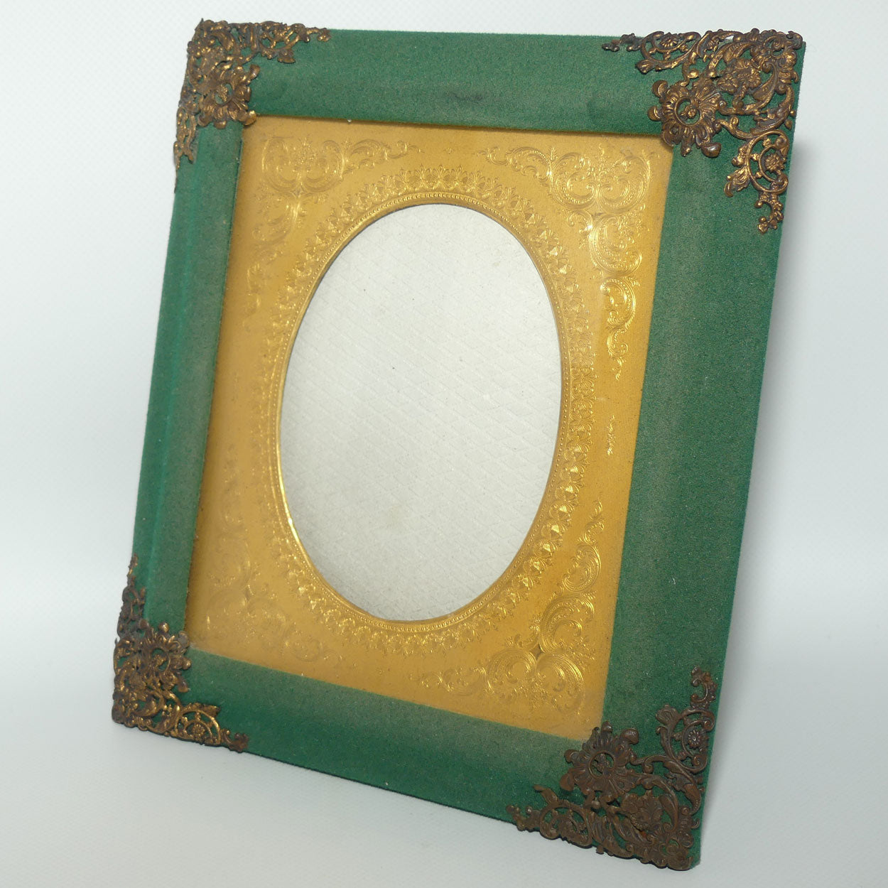 Antique Victorian era Green velvet frame with Decorative Brass corners and Gilt Surround