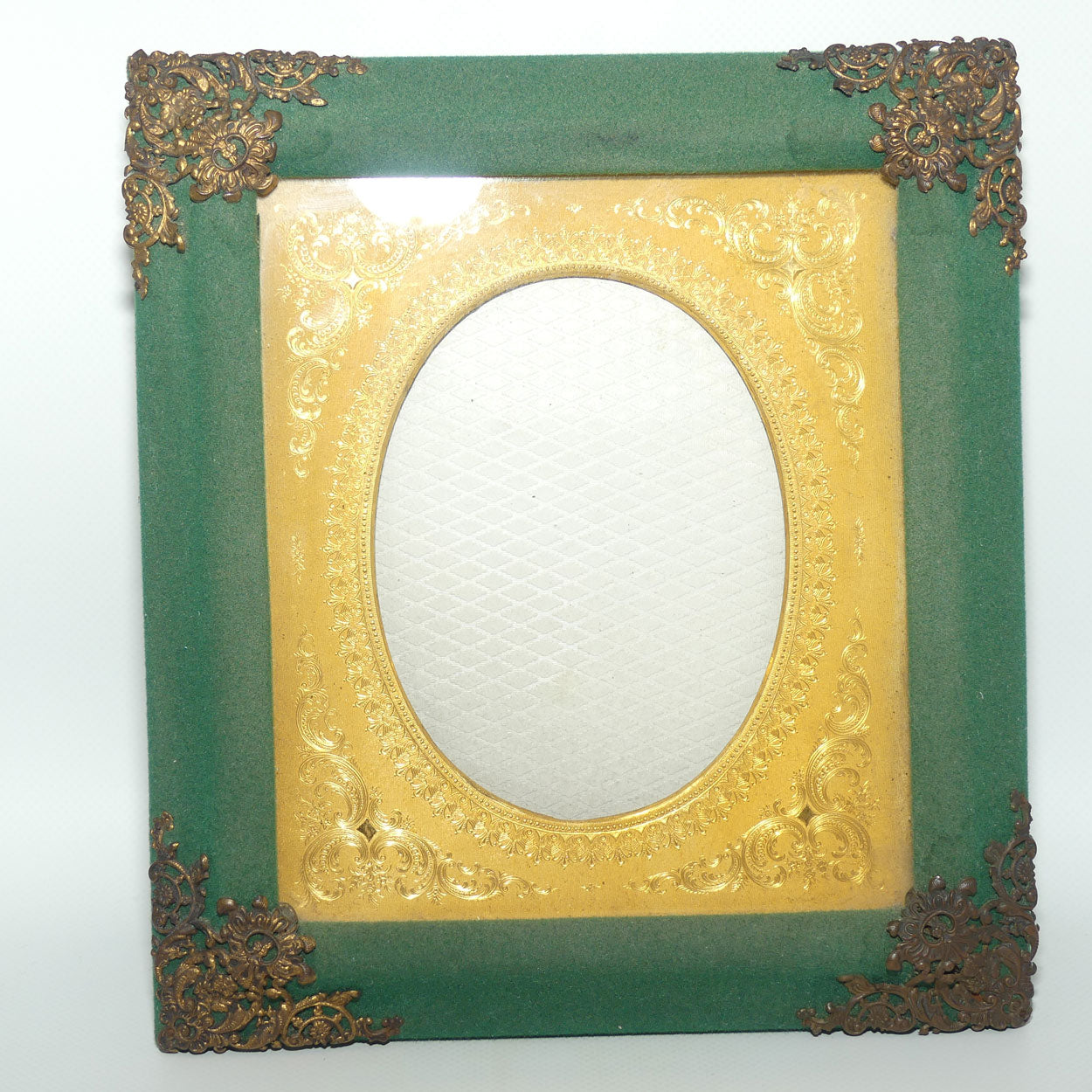 Antique Victorian era Green velvet frame with Decorative Brass corners and Gilt Surround