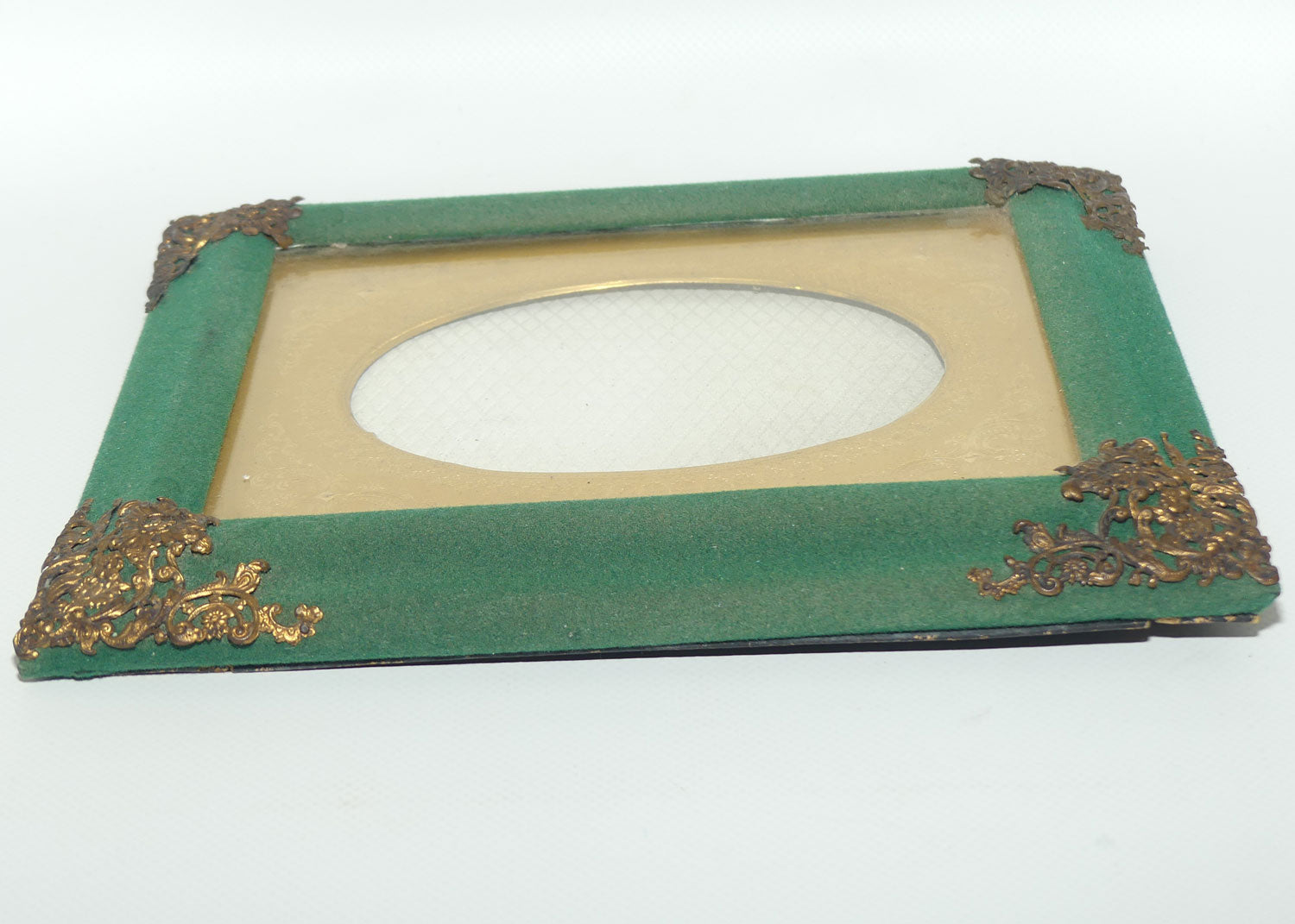 Antique Victorian era Green velvet frame with Decorative Brass corners and Gilt Surround