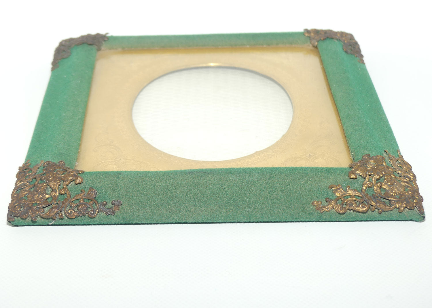 Antique Victorian era Green velvet frame with Decorative Brass corners and Gilt Surround