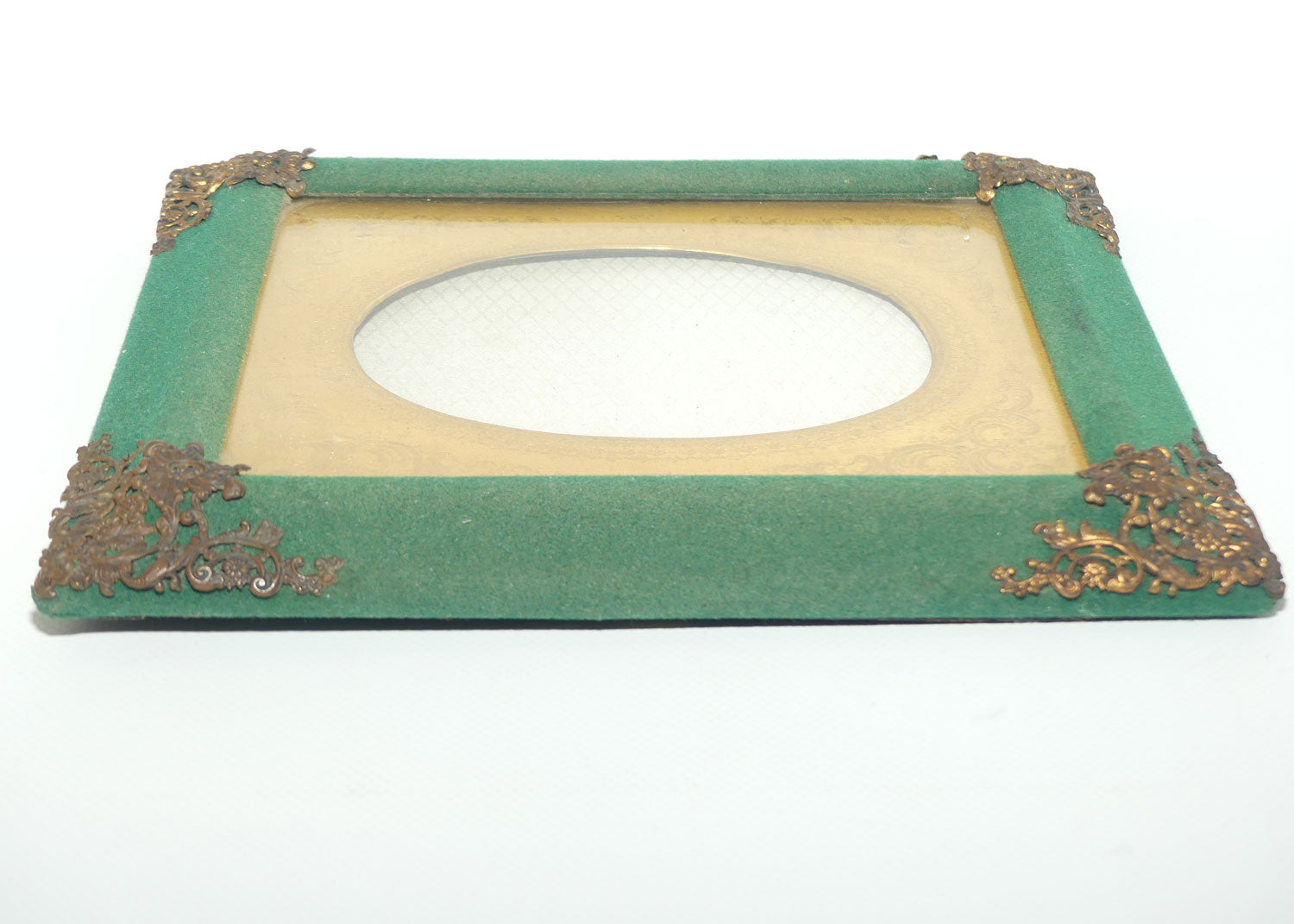 Antique Victorian era Green velvet frame with Decorative Brass corners and Gilt Surround