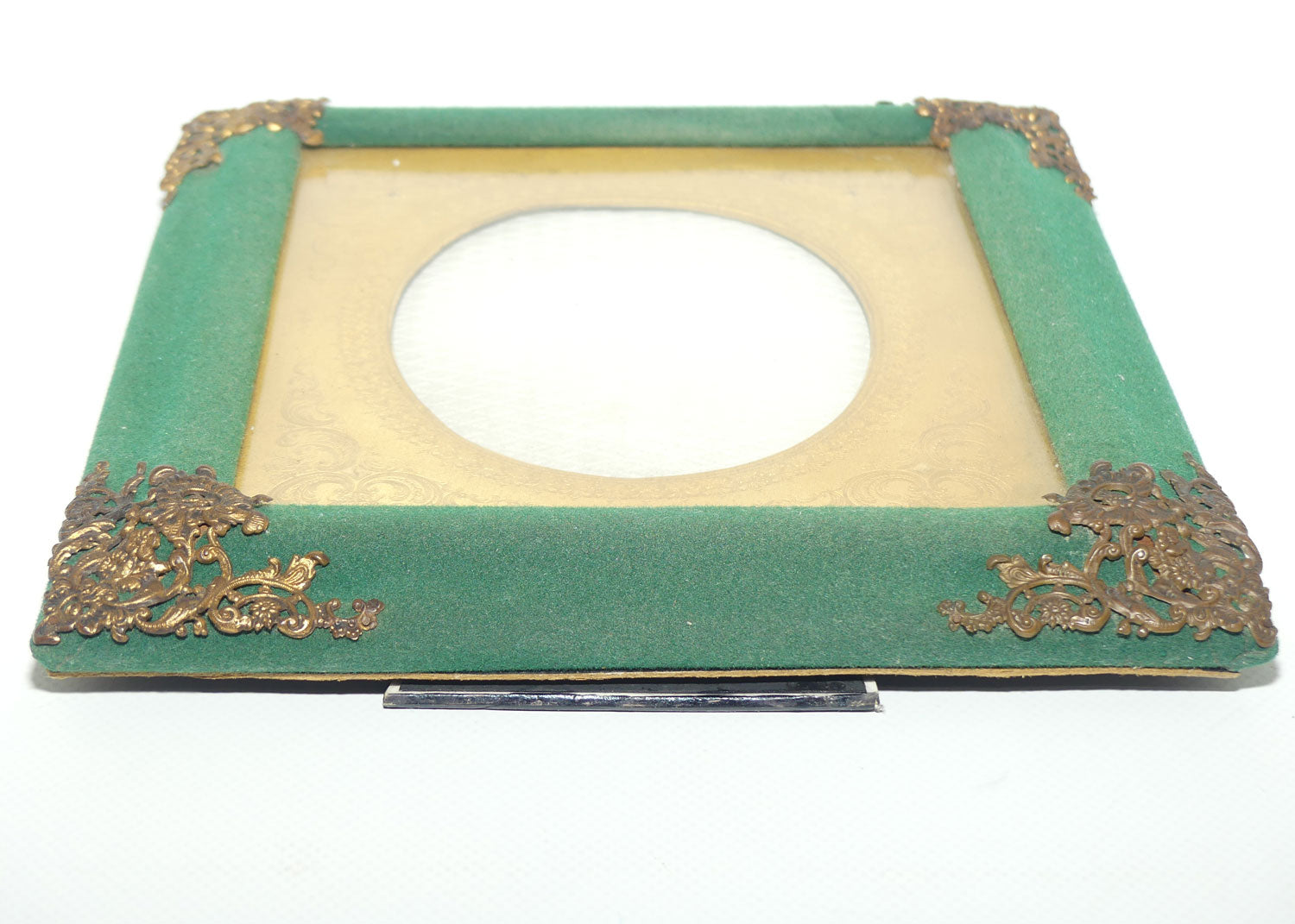 Antique Victorian era Green velvet frame with Decorative Brass corners and Gilt Surround