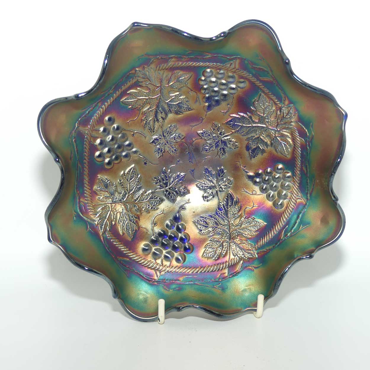 Fenton Green Carnival Glass Grape and Vine bowl