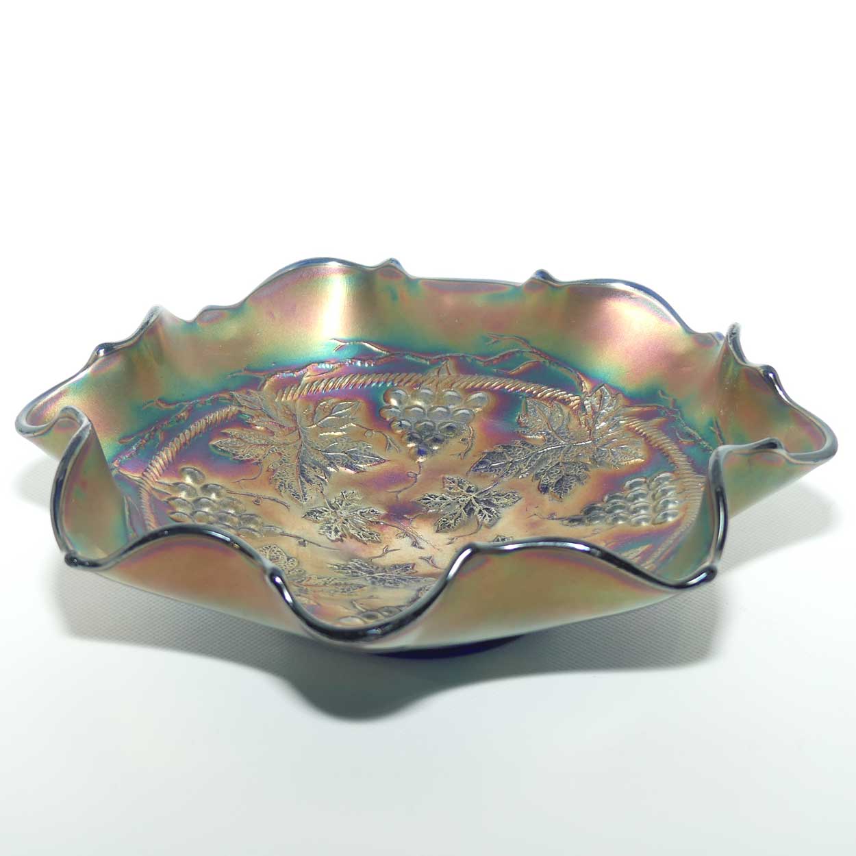 Fenton Green Carnival Glass Grape and Vine bowl