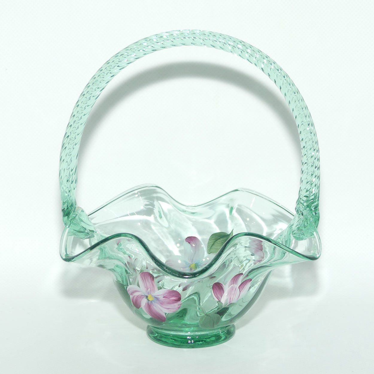 Vintage Fenton Sea Mist Green Glass basket | Hand Painted and Signed