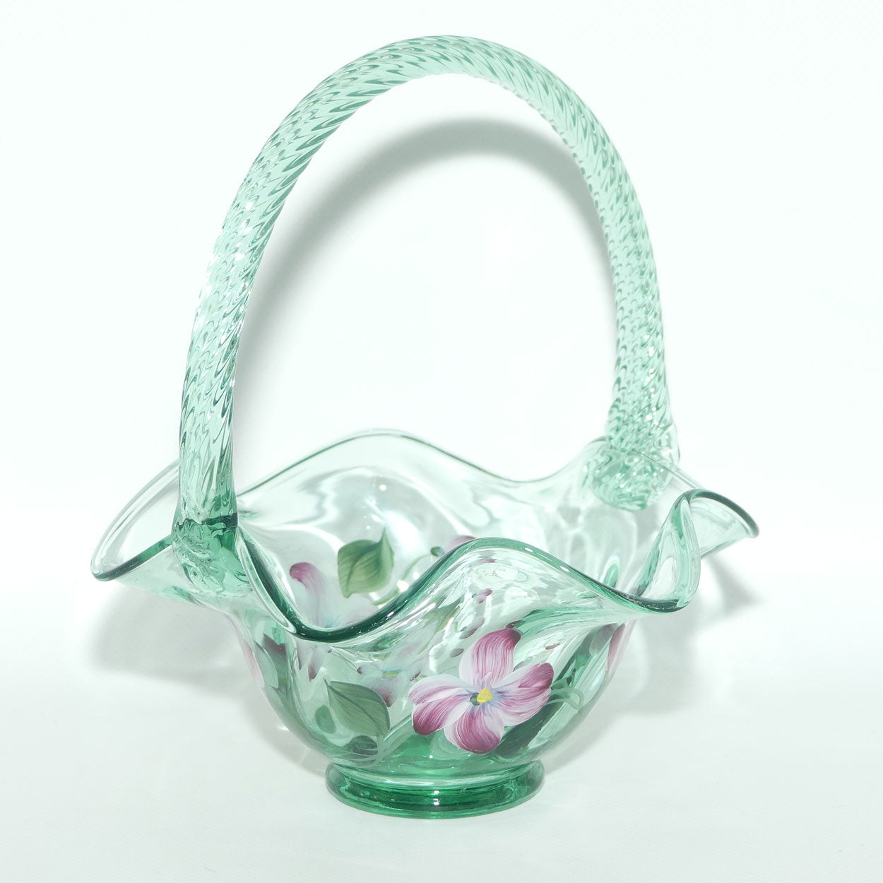 Vintage Fenton Sea Mist Green Glass basket | Hand Painted and Signed