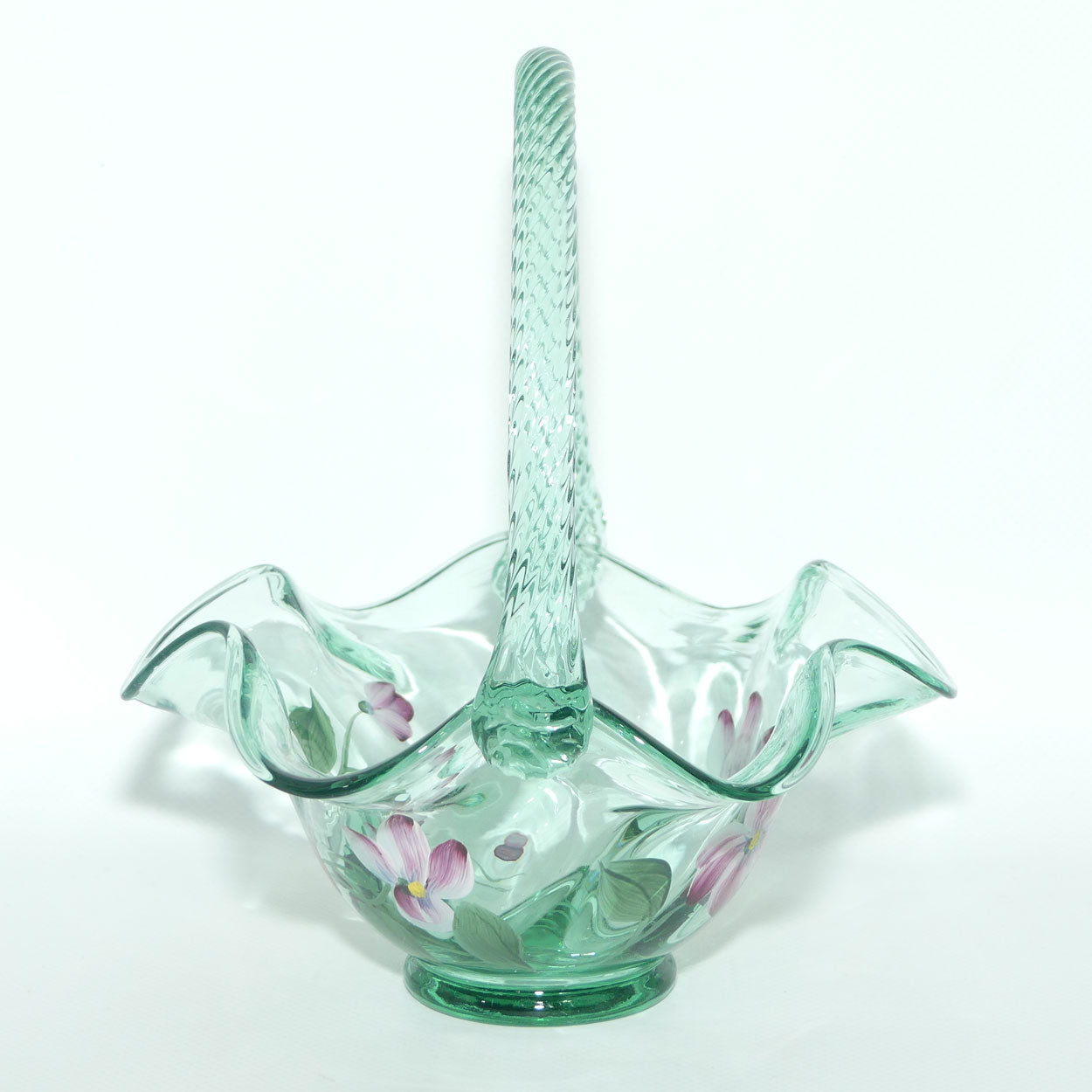 Vintage Fenton Sea Mist Green Glass basket | Hand Painted and Signed