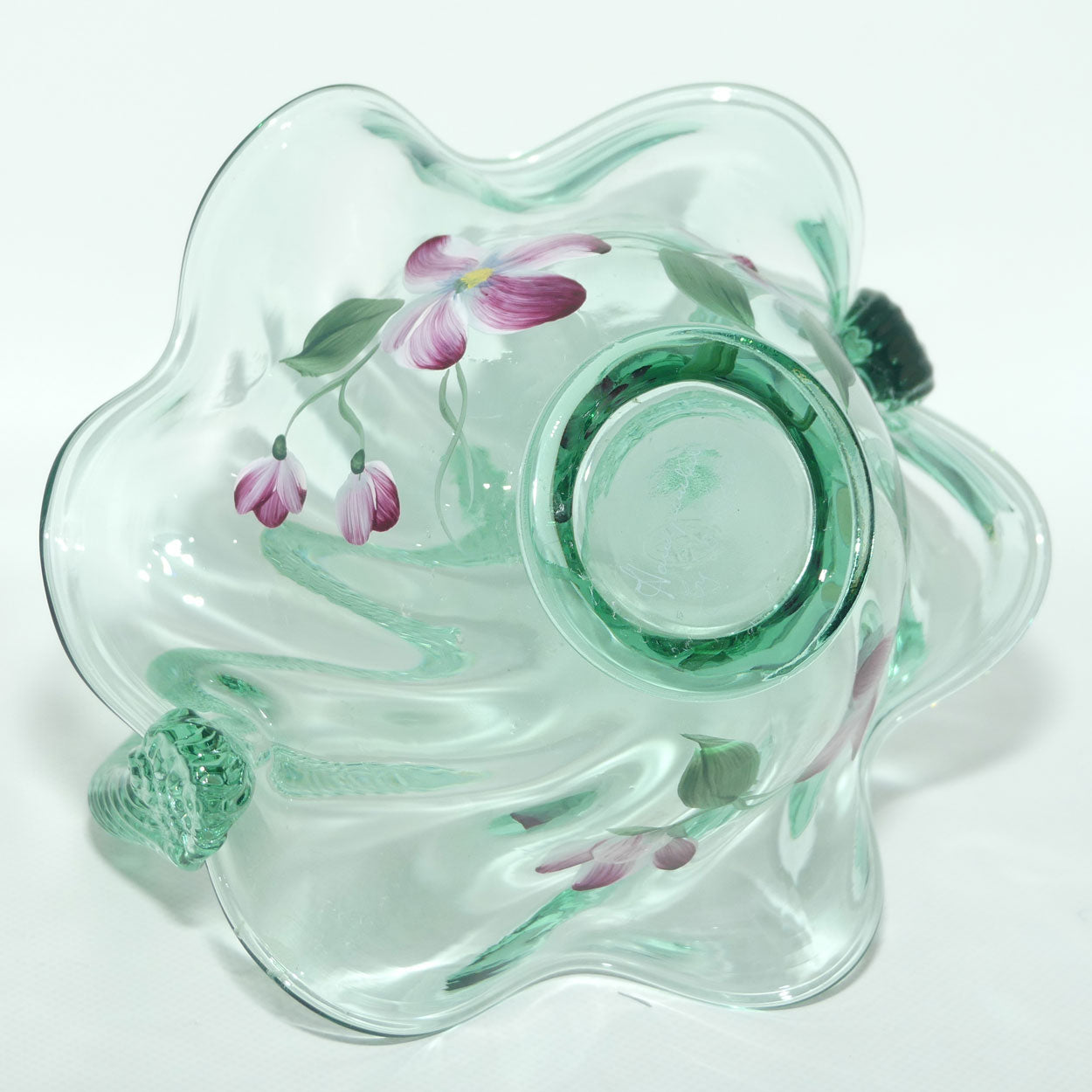 Vintage Fenton Sea Mist Green Glass basket | Hand Painted and Signed