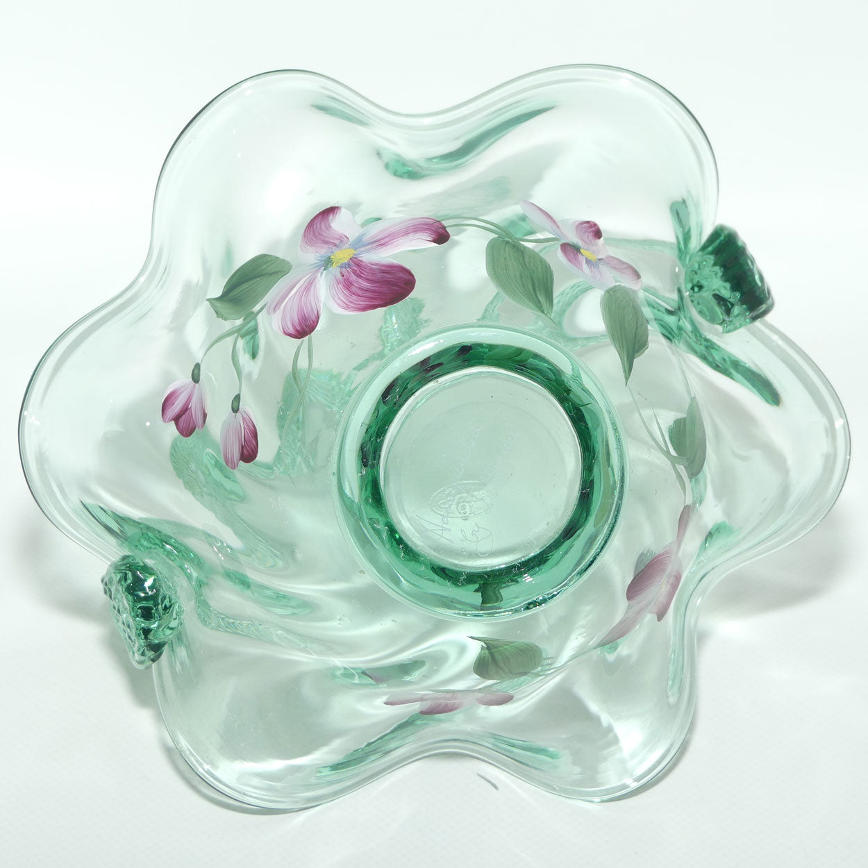 Vintage Fenton Sea Mist Green Glass basket | Hand Painted and Signed