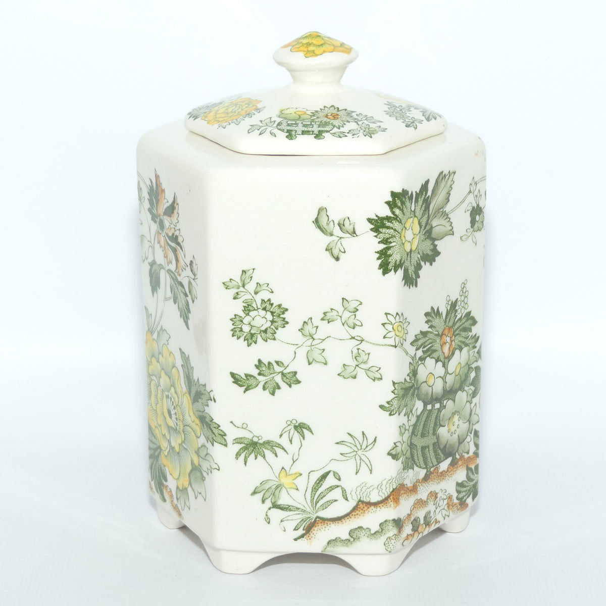 Masons Ironstone Green Henley pattern Hexagonal tea caddy