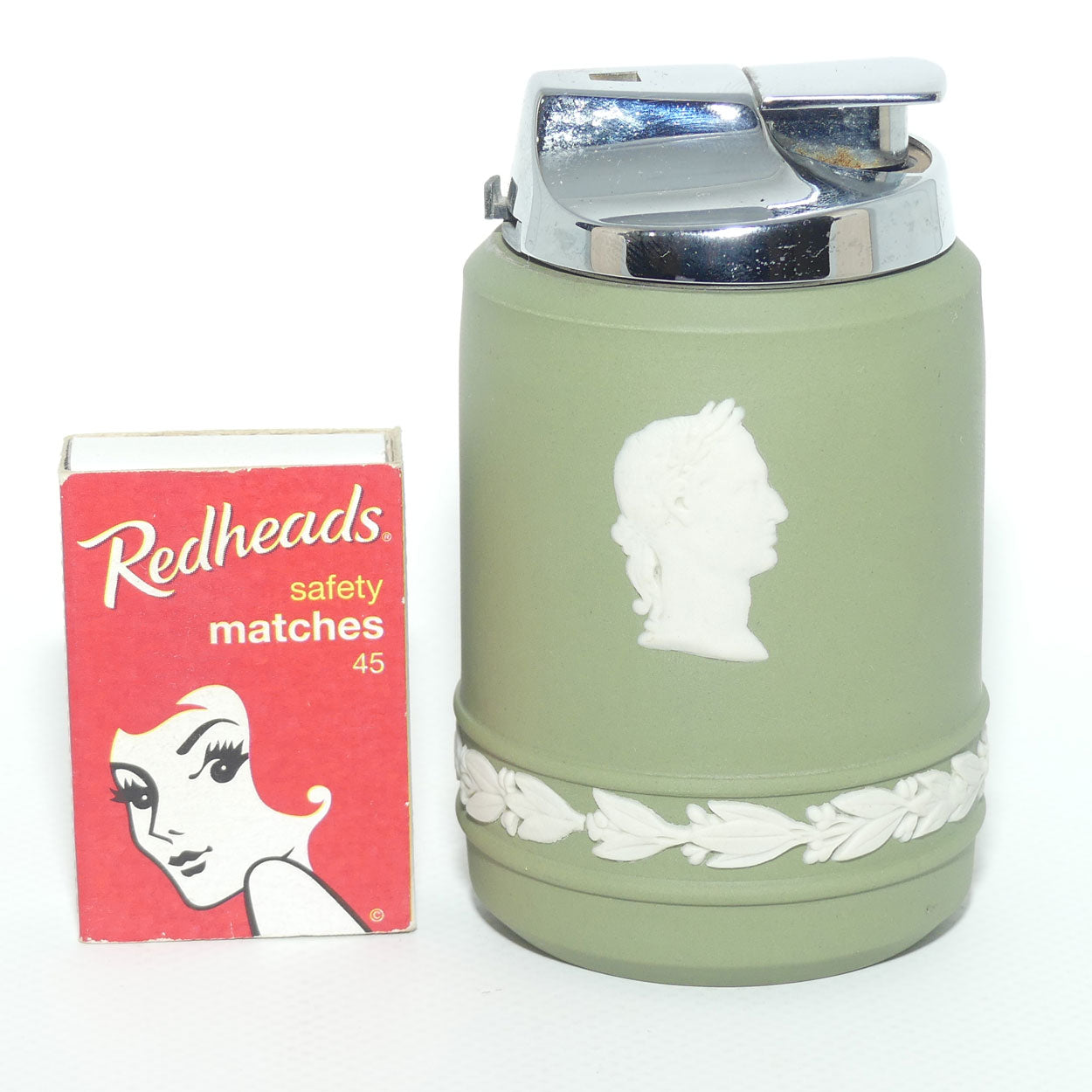 Wedgwood Jasper | White on Sage Green | Roman design table lighter | boxed