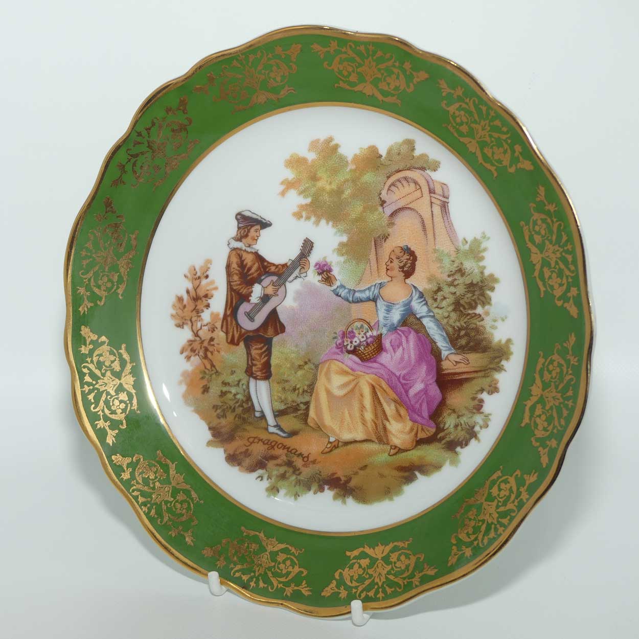 Limoges France Courting Couple plate | Green and Gilt Border | 19cm | signed Fragonard