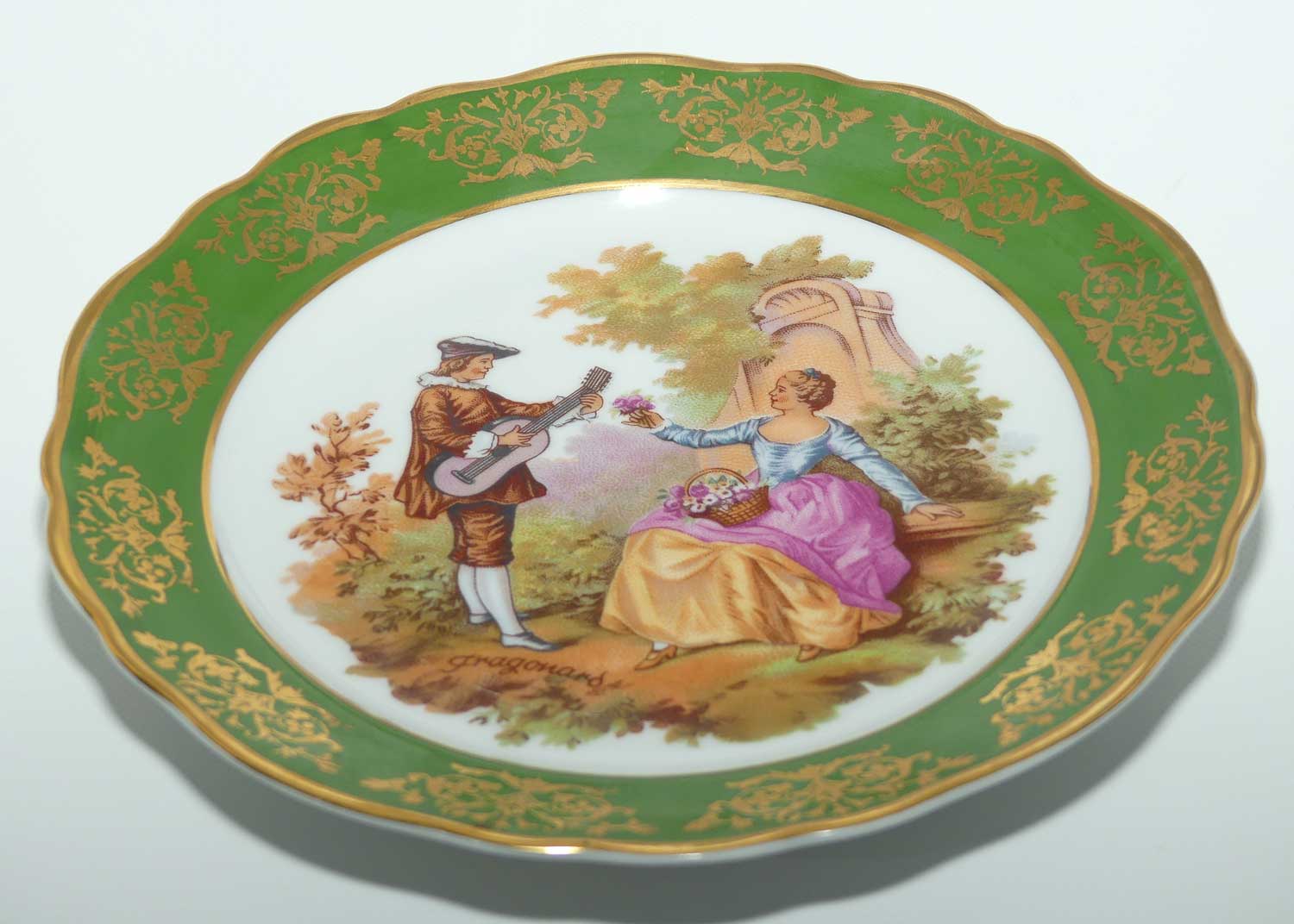 Limoges France Courting Couple plate | Green and Gilt Border | 19cm | signed Fragonard